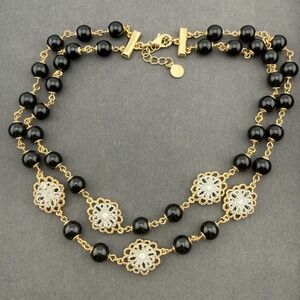 Charter Club Gold-Tone Crystal Flower Jet Imitation Pearl Double-Row Necklace